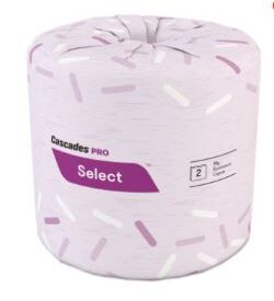 Toilet tissue, wrapped in pink paper.