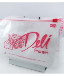 Clear deli bags with red lettering.