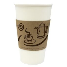 Brown cup sleeve with a picture of a tea pot, mug, and black lines on it.
