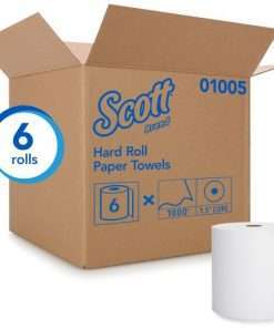 brown box with blue writing and a single roll of white paper towels