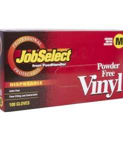 red box, job select vinyl powder free size medium gloves