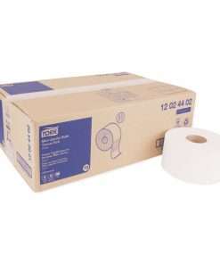 beige box with blue lettering and one roll of toilet paper