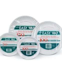 4 packages of white paper plates with green writing on the outside packaging