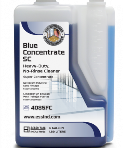 square bottle of blue concentrate with measuring spout