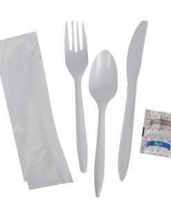 napkin fork spoon knife and salt and paper set