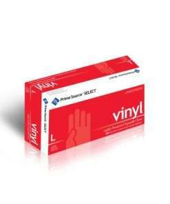 red box with white lettering vinyl gloves Large