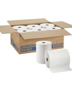 open box of white roll towel with 2 rolls in front
