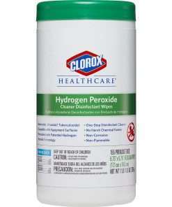 white container with green writing clorox healthcare hydrogen peroxide wipes