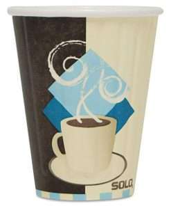 paper coffee cup half beige half dark brown with a coffee cup pic in the middle
