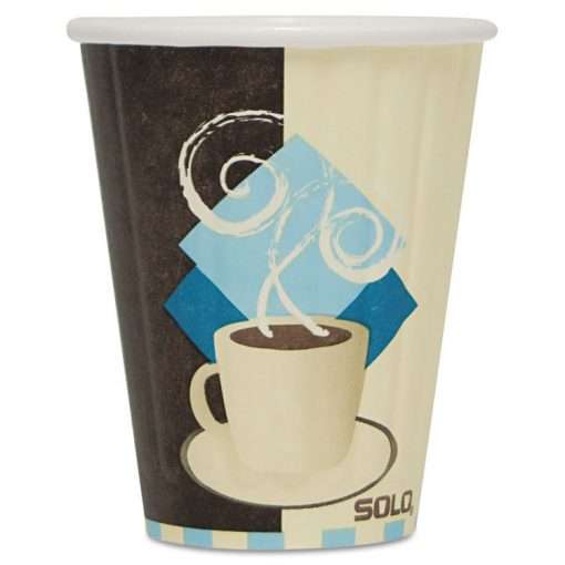 paper coffee cup half beige half dark brown with a coffee cup pic in the middle