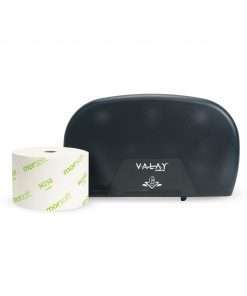 black dispenser and roll of morcon toilet paper