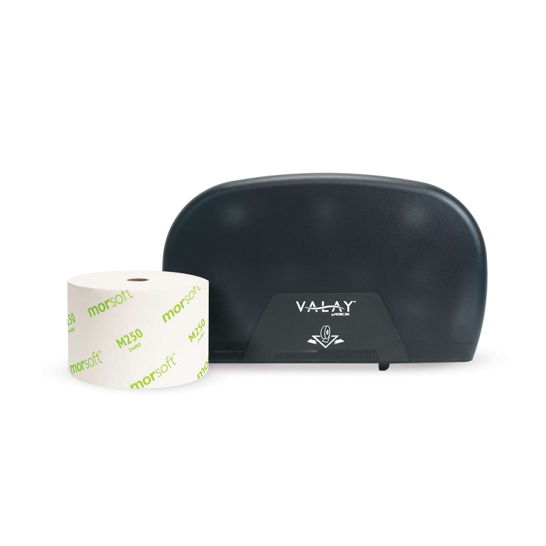 black dispenser and roll of morcon toilet paper