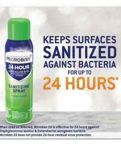 picture of microban spray and text about sanitizing