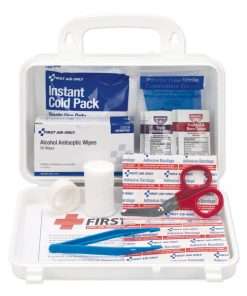 open first aid kit with scissors, tweezers, gauze, band aids and more