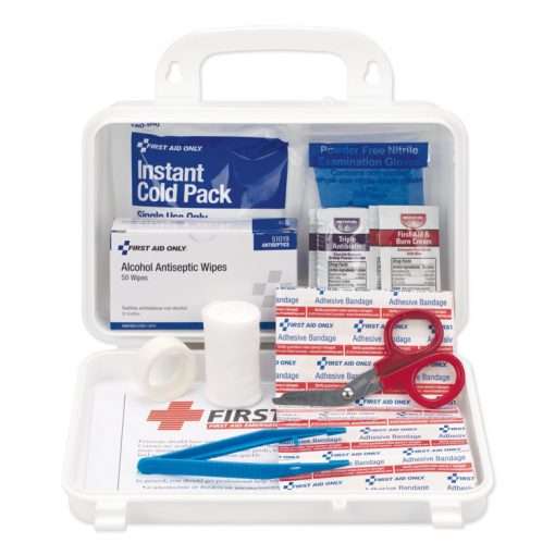 open first aid kit with scissors, tweezers, gauze, band aids and more