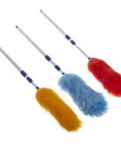 a yellow, a blue and a red feather duster
