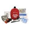 red bag used for blood spill kit, contains scissors, gauze, gloves, tapes and necessary items to stop bleeding