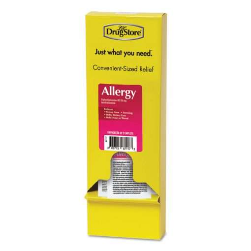 Yellow box of single packet allergy pills