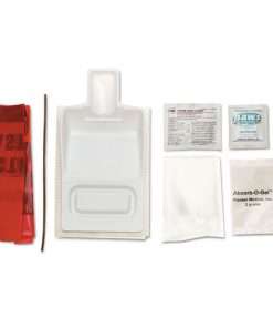 blood sill kit containing bio hazard bag, gloves. powder packets to clean up blood