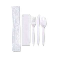 plastic bag, white napkin, white fork, white knife and white spoon