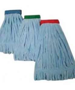 3 blue mops with green, blue and red top