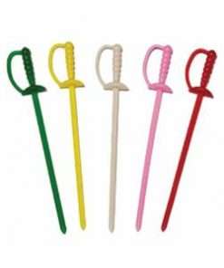 5 sword picks green, yellow, white, pink and red