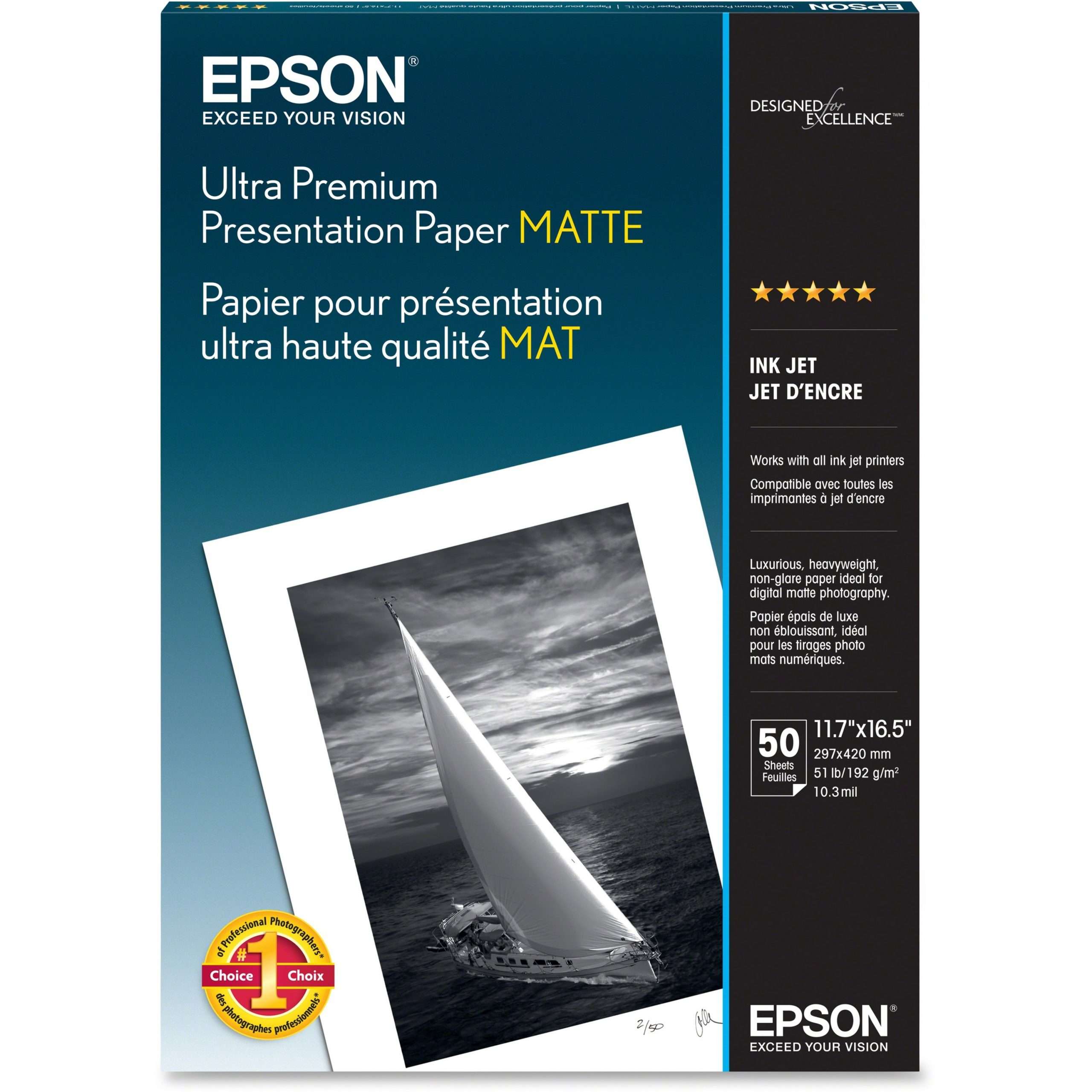 Epson Inkjet Photo Paper - White - 104 Brightness - 94% Opacity - A3 - 11 45/64" x 16 1/2" - Matte - 50 / Pack