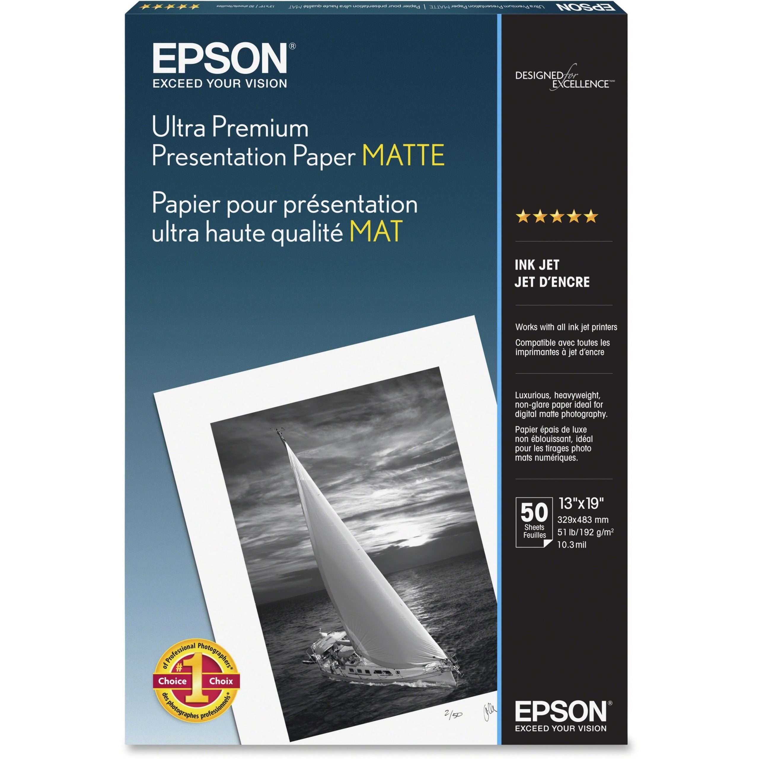 Epson Inkjet Photo Paper - White - 104 Brightness - 94% Opacity - Super B - 13" x 19" - Matte - 50 / Pack