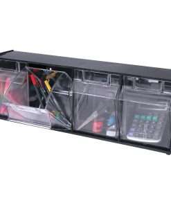 Deflecto Tilt Bin Interlocking Multi-Bin Storage Organizer - 4 Compartment(s) - 8.1" Height x 23.6" Width x 6.6" Depth - Interlockable - Black - Plastic - 1 Each