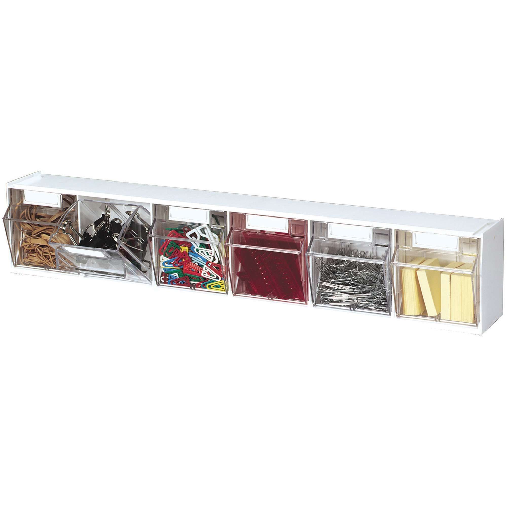 Deflecto Tilt Bin Interlocking Multi-Bin Storage Organizer - 6 Compartment(s) - 4.5" Height x 23.6" Width x 3.6" Depth - Desktop - Interlockable, Lockable - White - 1 Each