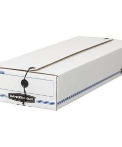 Bankers Box Liberty Check and Form Boxes - Internal Dimensions: 9" Width x 23" Depth x 4" Height - External Dimensions: 9.3" Width x 23.8" Depth x 4.3" Height - String/Button Tie Closure - Light Duty - Stackable - Fiberboard - White, Blue - For Check, Deposit Slip, File - Recycled - 12 / Carton