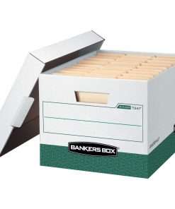 Bankers Box R-Kive File Storage Box - Internal Dimensions: 12" Width x 15" Depth x 10" Height - External Dimensions: 12.8" Width x 16.5" Depth x 10.4" Height - Media Size Supported: Letter, Legal - Lift-off Closure - Heavy Duty - Stackable - White, Green - For File - Recycled - 12 / Carton