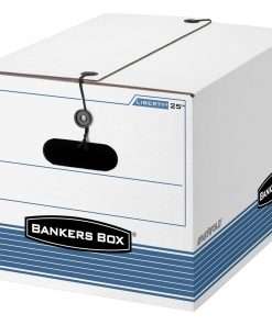 Bankers Box STOR/FILE Storage Boxes - Internal Dimensions: 12" Width x 15.50" Depth x 10.25" Height - External Dimensions: 12.3" Width x 16" Depth x 11" Height - Media Size Supported: Letter, Legal - String/Button Tie Closure - Medium Duty - Double End/Single Side/Double Bottom Wall - Stackable - Fiberboard, Plastic - White, Blue - For File - Recycled - 12 / Carton