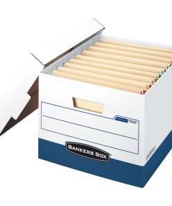 Bankers Box STOR/FILE File Storage Box - Internal Dimensions: 12.75" Width x 15.50" Depth x 10" Height - External Dimensions: 13.3" Width x 16.9" Depth x 10.5" Height - Media Size Supported: Letter, Legal - Lift-off Closure - Heavy Duty - Stackable - White, Blue - For File - Recycled - 12 / Carton