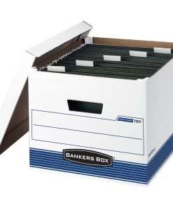 Bankers Box Hang'N'Stor File Storage Box - Internal Dimensions: 12.38" Width x 15.19" Depth x 10" Height - External Dimensions: 13" Width x 16" Depth x 10.5" Height - Media Size Supported: Letter, Legal - Lift-off Closure - Medium Duty - Stackable - White, Blue - For File - Recycled - 4 / Carton