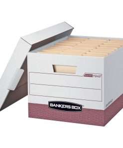 Bankers Box R-Kive File Storage Box - Internal Dimensions: 12" Width x 15" Depth x 10" Height - External Dimensions: 12.8" Width x 16.5" Depth x 10.4" Height - Media Size Supported: Letter, Legal - Lift-off Closure - Heavy Duty - Stackable - White, Red - For File - Recycled - 12 / Carton