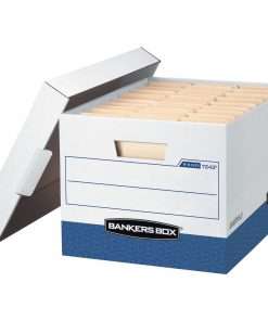 Bankers Box R-Kive File Storage Box - Internal Dimensions: 12" Width x 15" Depth x 10" Height - External Dimensions: 12.8" Width x 16.5" Depth x 10.4" Height - Media Size Supported: Letter, Legal - Lift-off Closure - Heavy Duty - Stackable - White, Blue - For File - Recycled - 12 / Carton