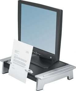 Fellowes Office Suites Standard Monitor Riser Plus - 80 lb Load Capacity - 4.2" Height x 19.9" Width x 14.1" Depth - Black, Silver