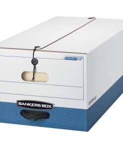 Bankers Box Liberty File Storage Boxes - 24" Legal - Internal Dimensions: 15" Width x 24" Depth x 10" Height - External Dimensions: 15.3" Width x 24.1" Depth x 10.8" Height - Media Size Supported: Legal - String/Button Tie Closure - Stackable - Fiberboard - White, Blue - For File - Recycled - 4 / Carton