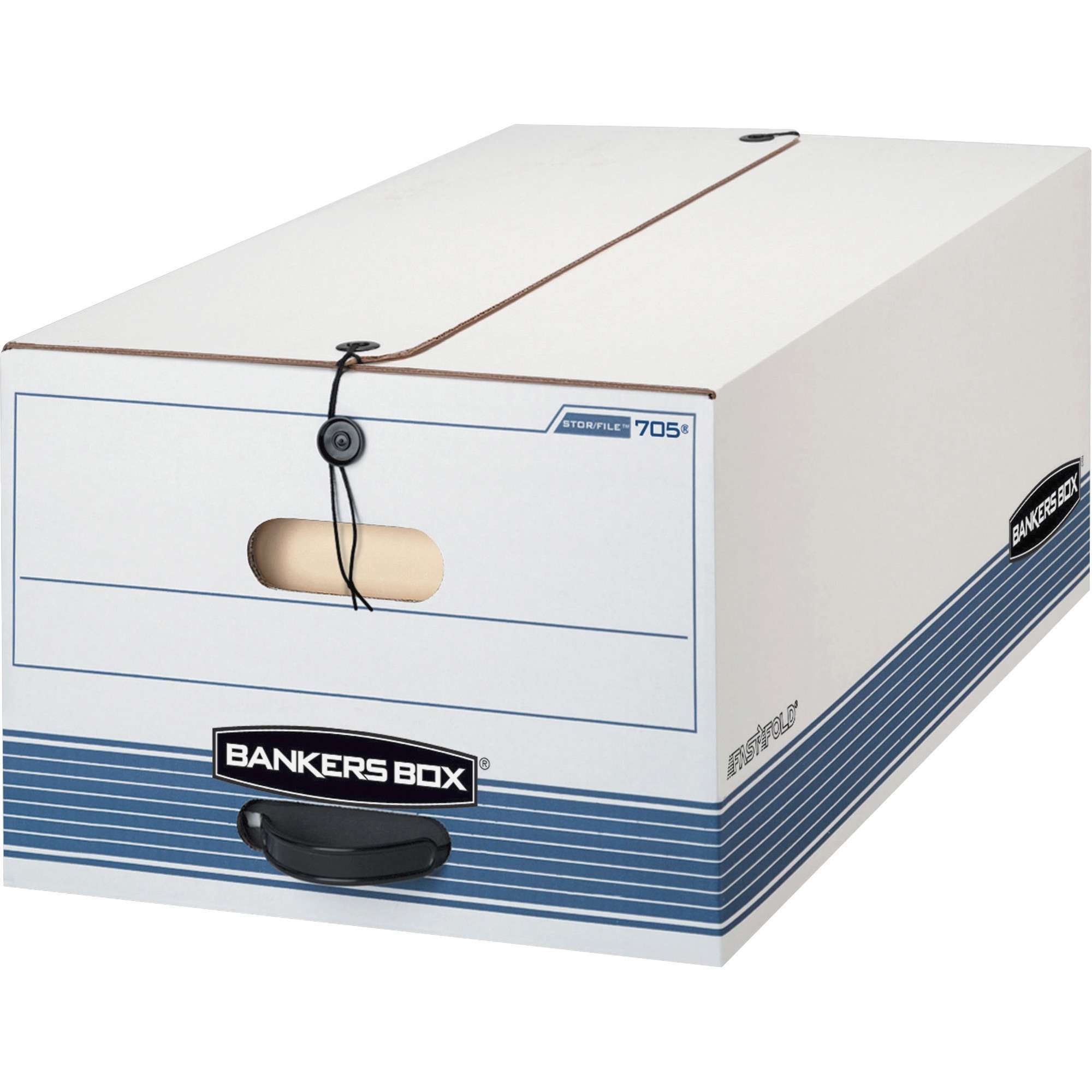 Bankers Box Stor/File String & Button Legal Storage Box - Internal Dimensions: 15" Width x 24" Depth x 10" Height - External Dimensions: 15.3" Width x 24.1" Depth x 10.8" Height - 550 lb - Media Size Supported: Legal - String/Button Tie Closure - Medium Duty - Stackable - White, Blue - For File - Recycled - 4 / Carton