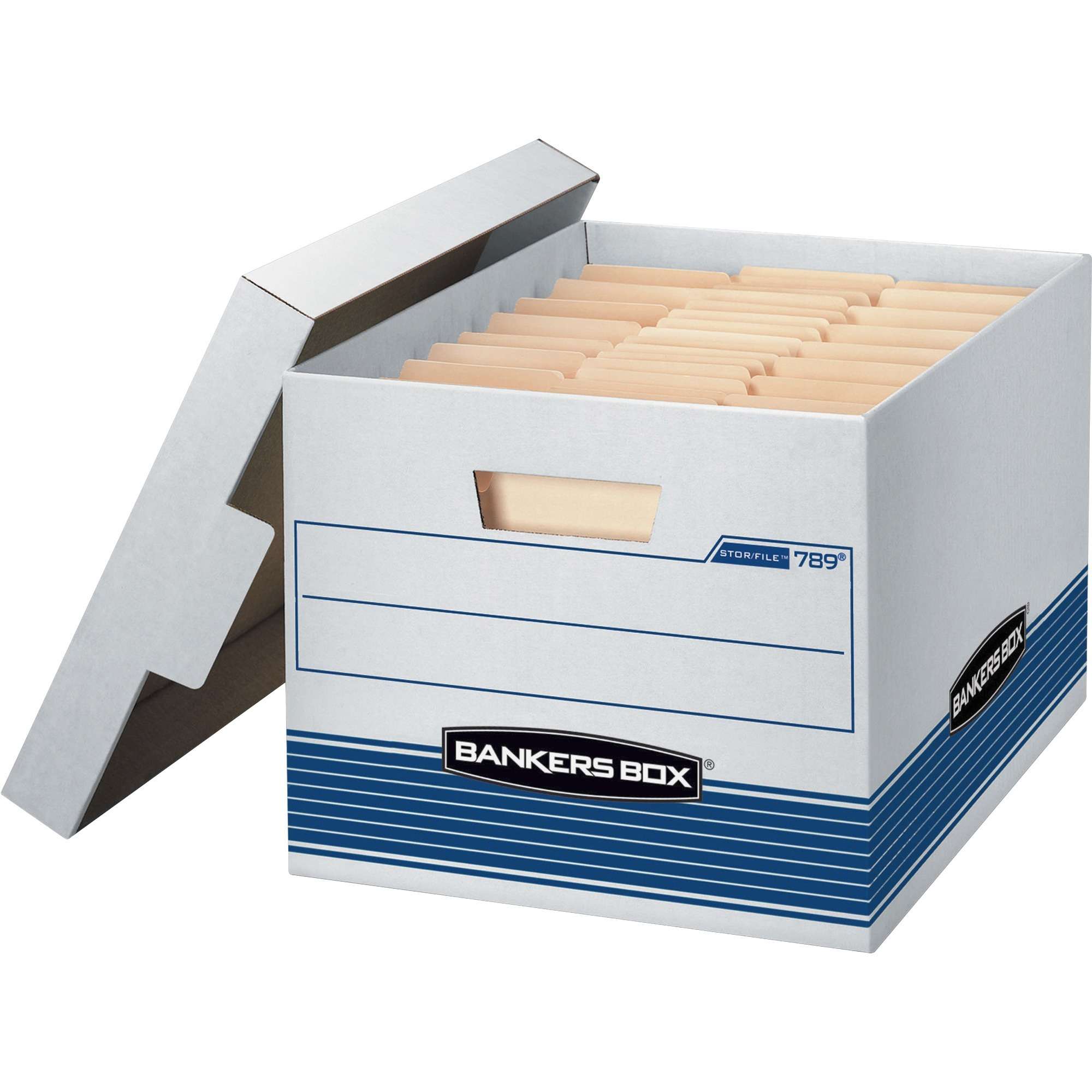 Bankers Box STOR/FILE 789 Medium-duty Storage Box - Internal Dimensions: 12" Width x 15" Depth x 10" Height - External Dimensions: 12.8" Width x 16.5" Depth x 10.4" Height - 550 lb - Media Size Supported: Letter, Legal - Lift-off Closure - Medium Duty - Stackable - White, Blue - For File - Recycled - 4 / Carton