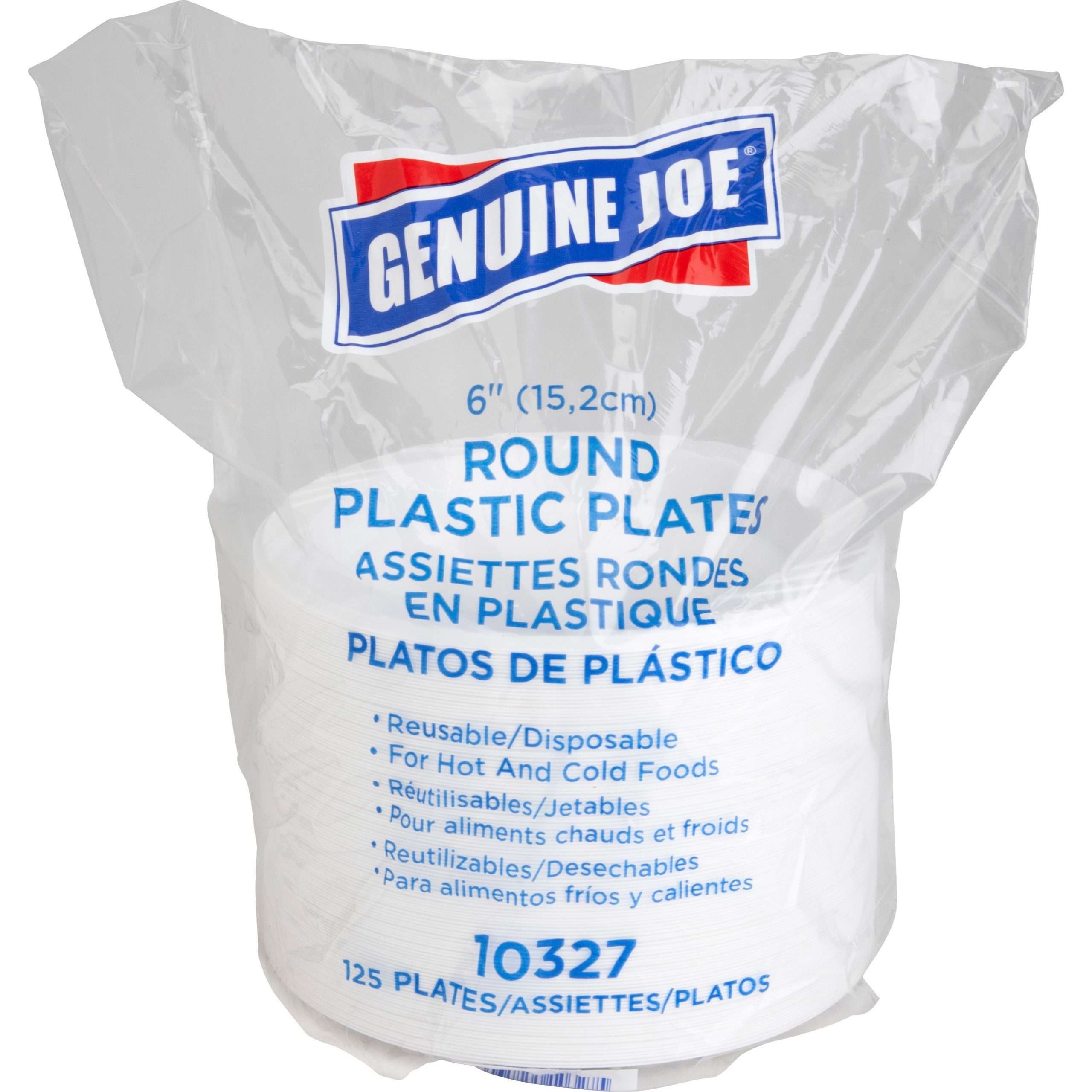 Genuine Joe Round Plastic Plates - Disposable - White - Plastic Body - 125 / Pack