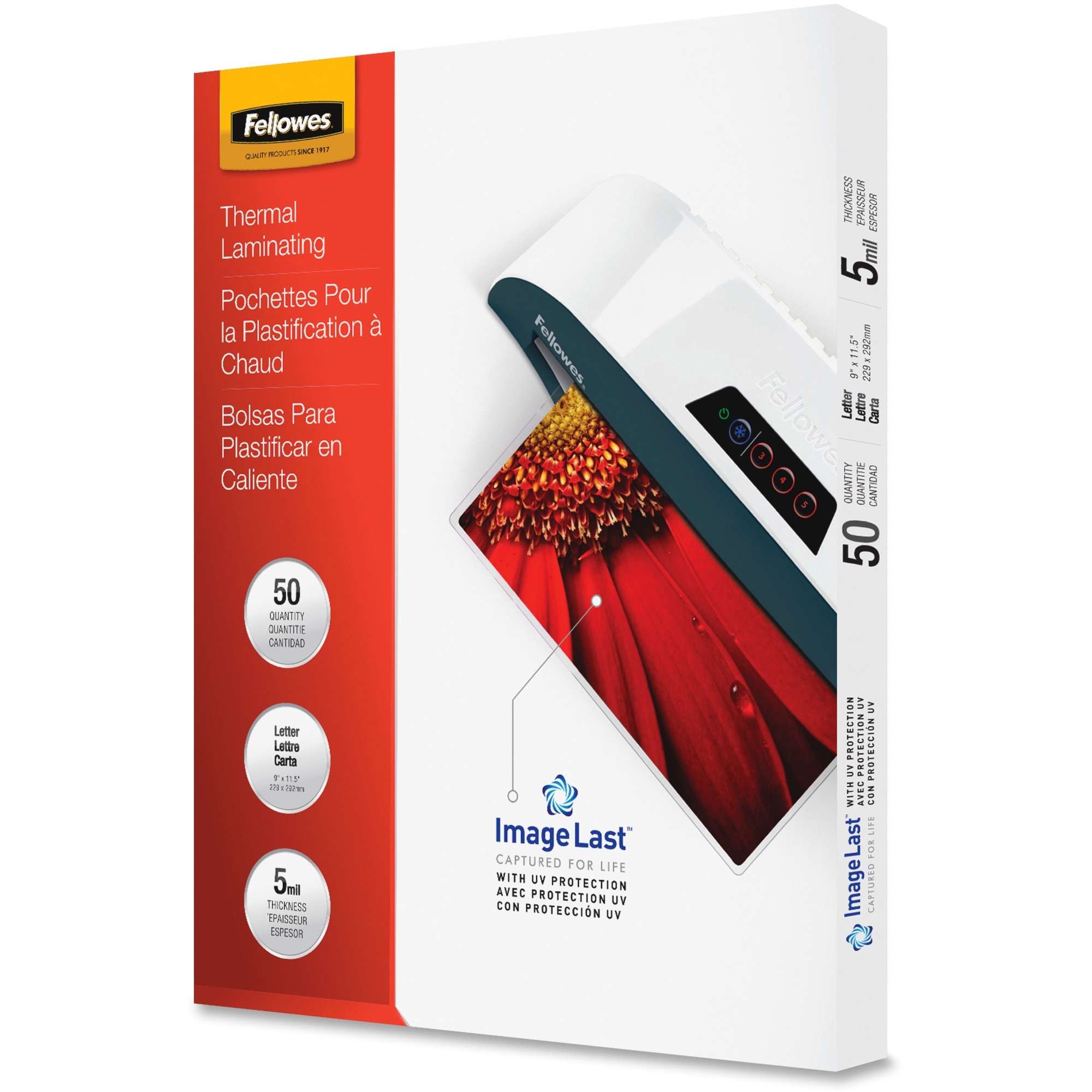 Fellowes ImageLast Jam-Free Thermal Laminating Pouches - Sheet Size Supported: Letter - Laminating Pouch/Sheet Size: 9" Width x 5 mil Thickness - Type G - Glossy - for Document - Durable, UV Resistant, Fade Resistant, Jam-free - Clear - 50 / Pack