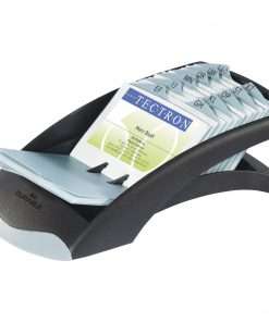 DURABLE&reg; VISIFIX&reg; Desk Business Card File - 100 Double-Sided Sleeves - For 2.87" x 4.12" Size Card - 25 Alphabetical Index Sleeves - Black, Gray