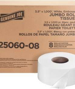 Genuine Joe Jumbo Dispenser Roll Bath Tissue - 2 Ply - 3.50" x 1000 ft - 9" Roll Diameter - White - Nonperforated, Fragrance-free, Embossed, Unscented - For Restroom, Washroom, Toilet - 8 / Carton