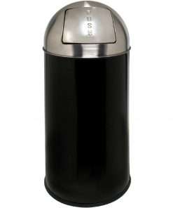 Genuine Joe Push Open Round Top Receptacle - 12 gal Capacity - Round - 29.2" Height x 14.8" Diameter - Black, Silver - 1 Each
