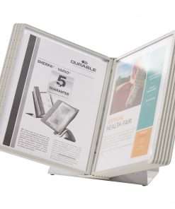 DURABLE&reg; VARIO&reg; Antimicrobial Desktop Reference Display System - Desktop - 10 Double Sided Panels - Letter Size - Antimicrobial Polypropylene Sleeves - Anti-Reflective/Non-Glare - Gray