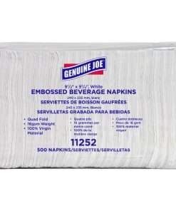 Genuine Joe Quad-fold Square Beverage Napkins - 1 Ply - 9.50" x 9.50" - White - Absorbent, Embossed, Quad-fold, Perforated - For Beverage - 500 Per Pack - 4000 / Carton