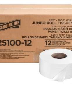 Genuine Joe Jumbo Roll Bath Tissues - 2 Ply - 3.25" x 1000 ft - 9" Roll Diameter - White - Nonperforated, Unscented - 12 / Carton