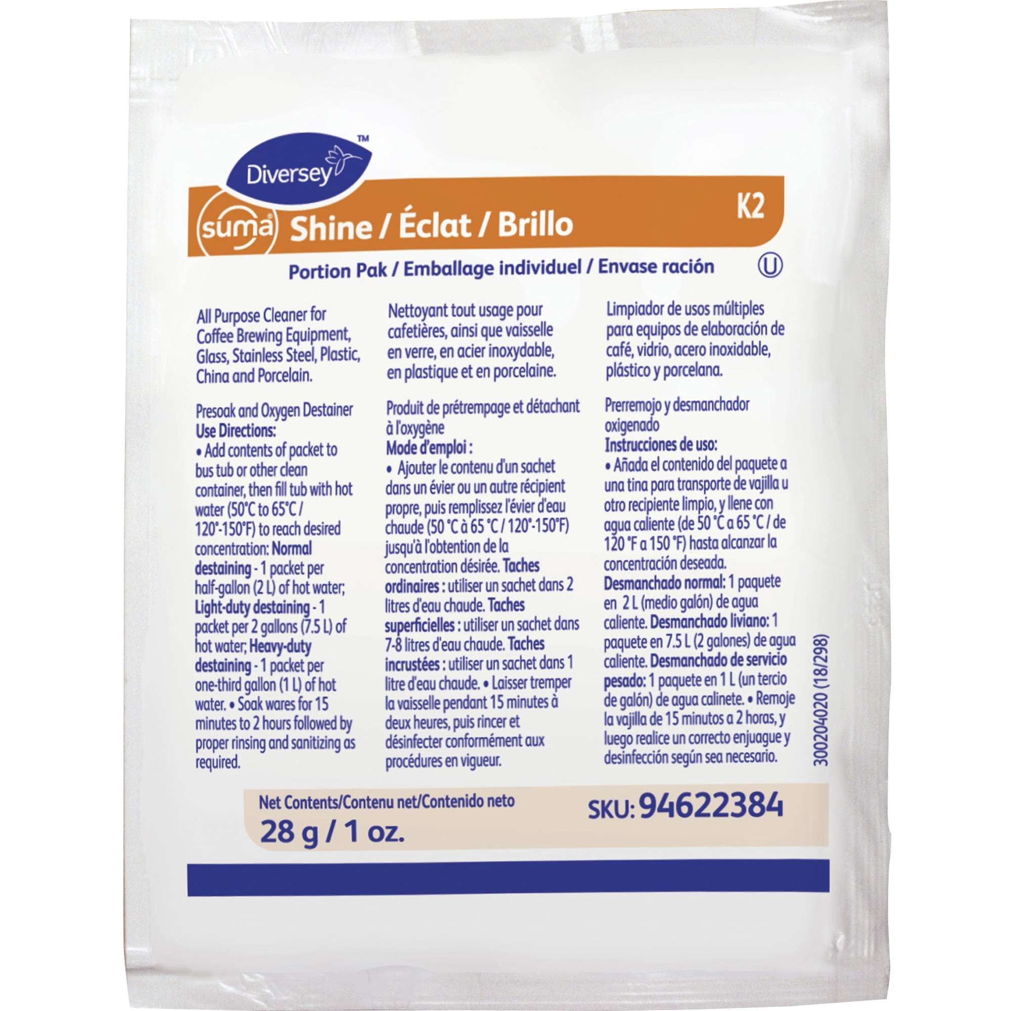 Diversey Suma Shine Portion Pak - Powder - 0.99 oz (0.06 lb) - 100 / Carton - White